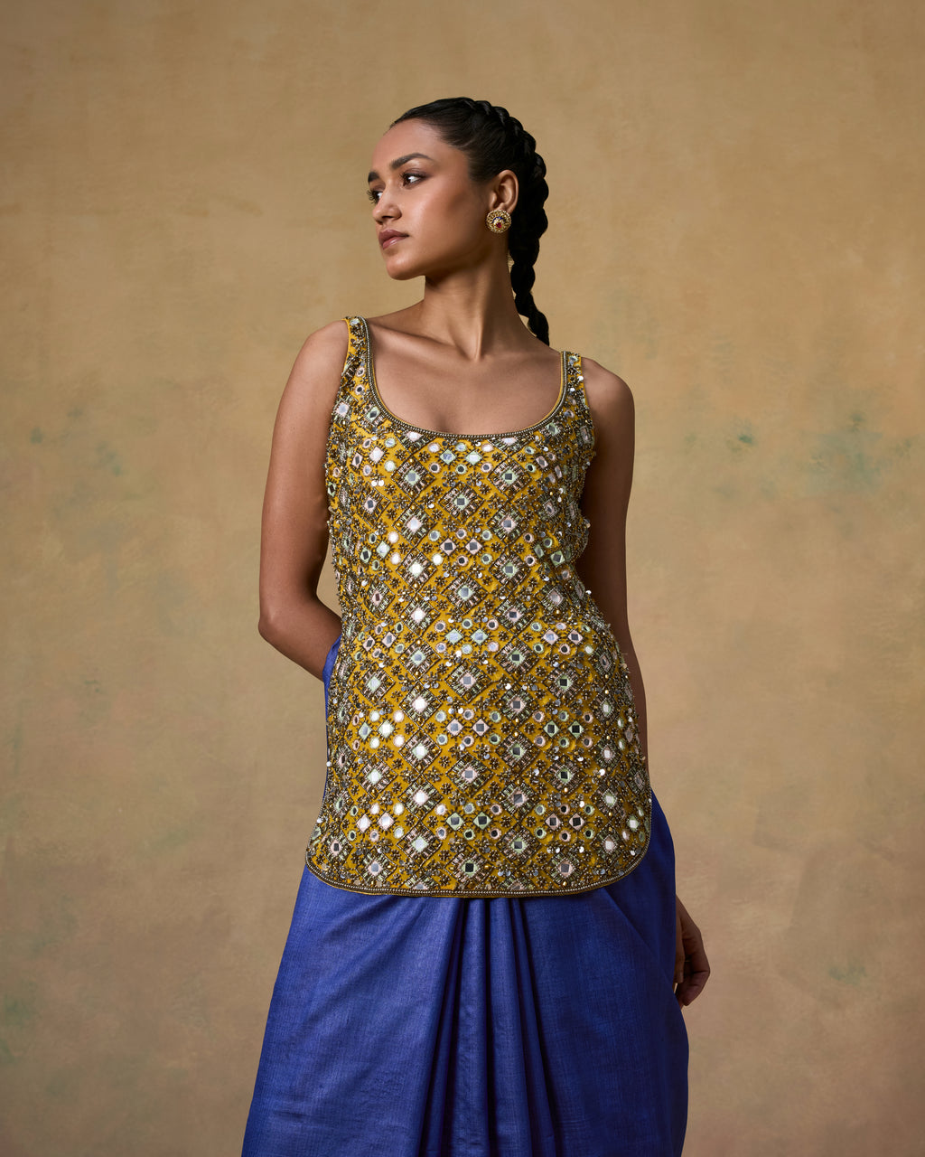 Mustard mirror embellished kurta