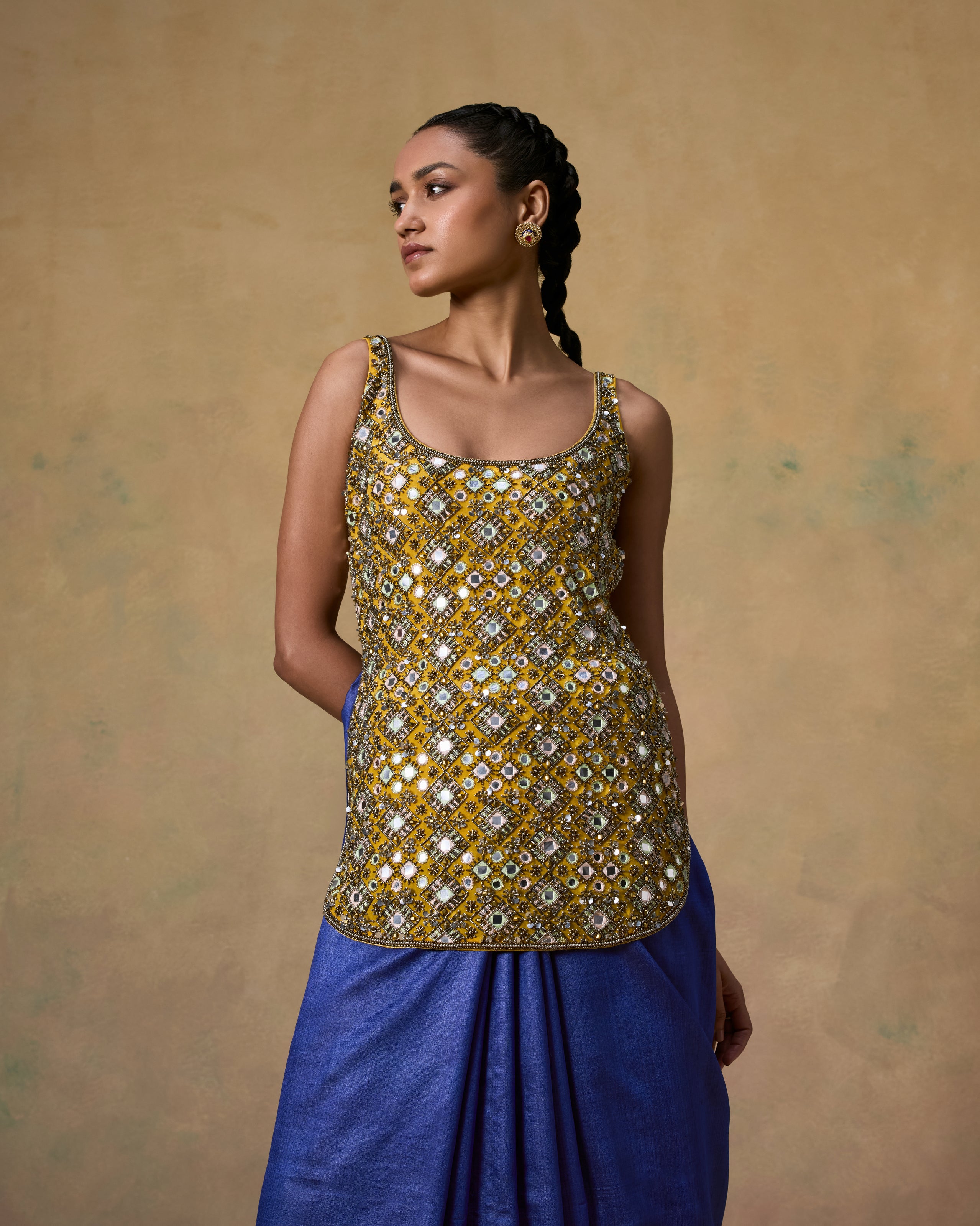Mustard mirror embellished kurta