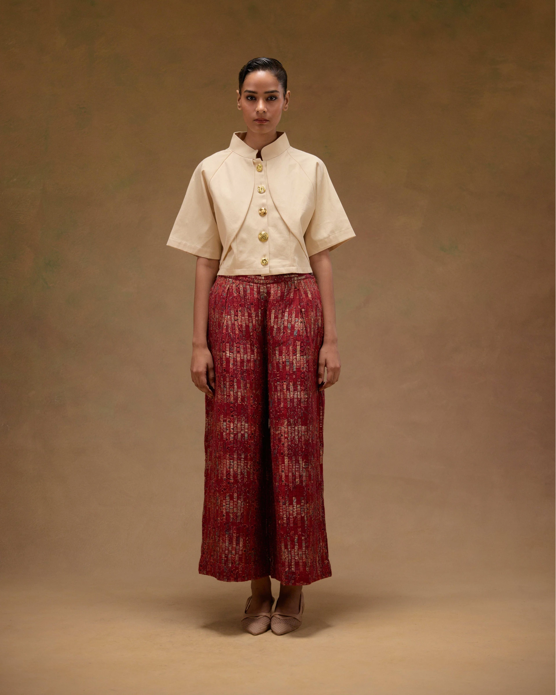 Red Ajrak Zari Woven Pants