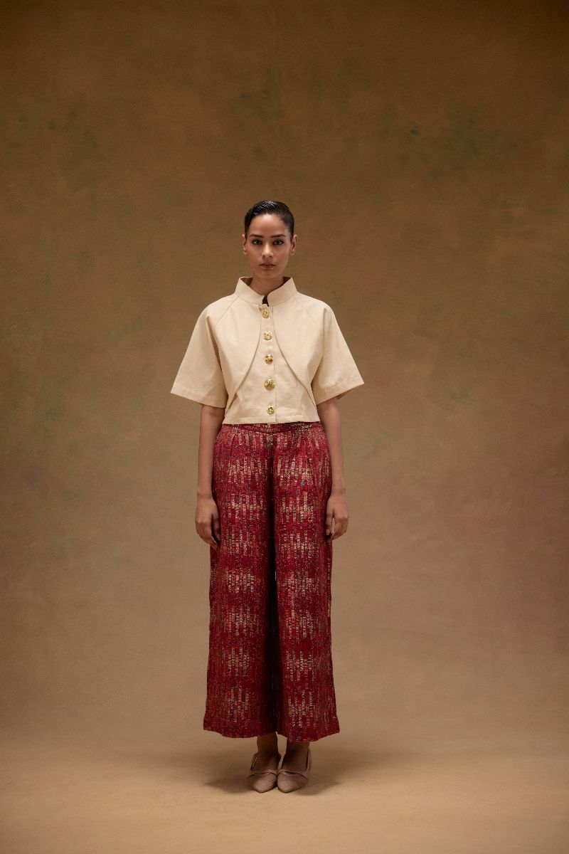 Red Ajrak Zari Woven Pants
