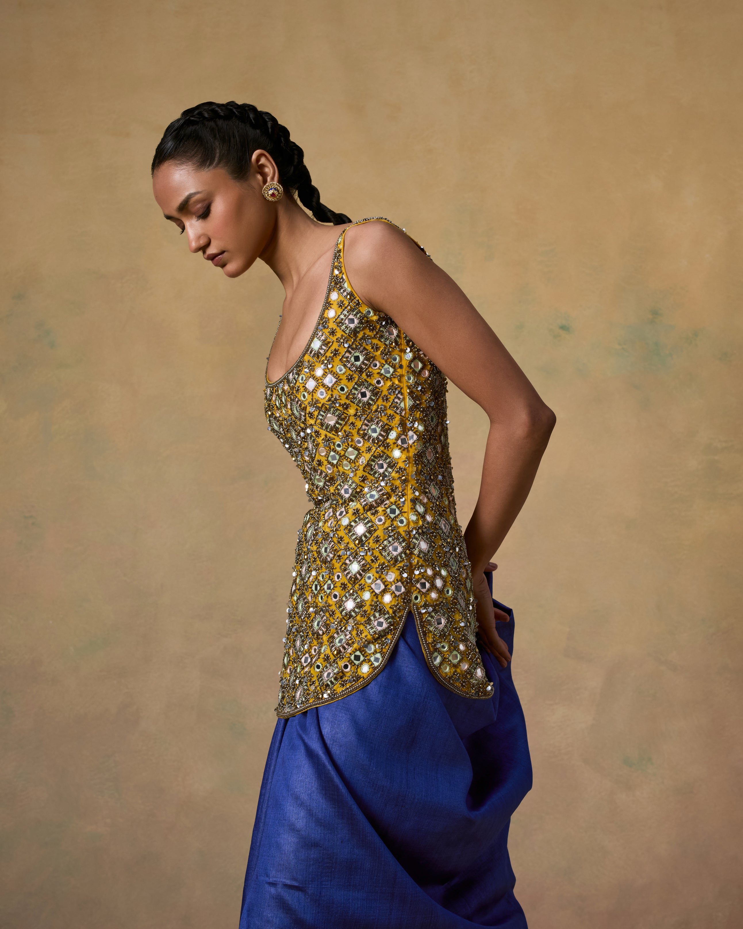 Mustard mirror embellished kurta