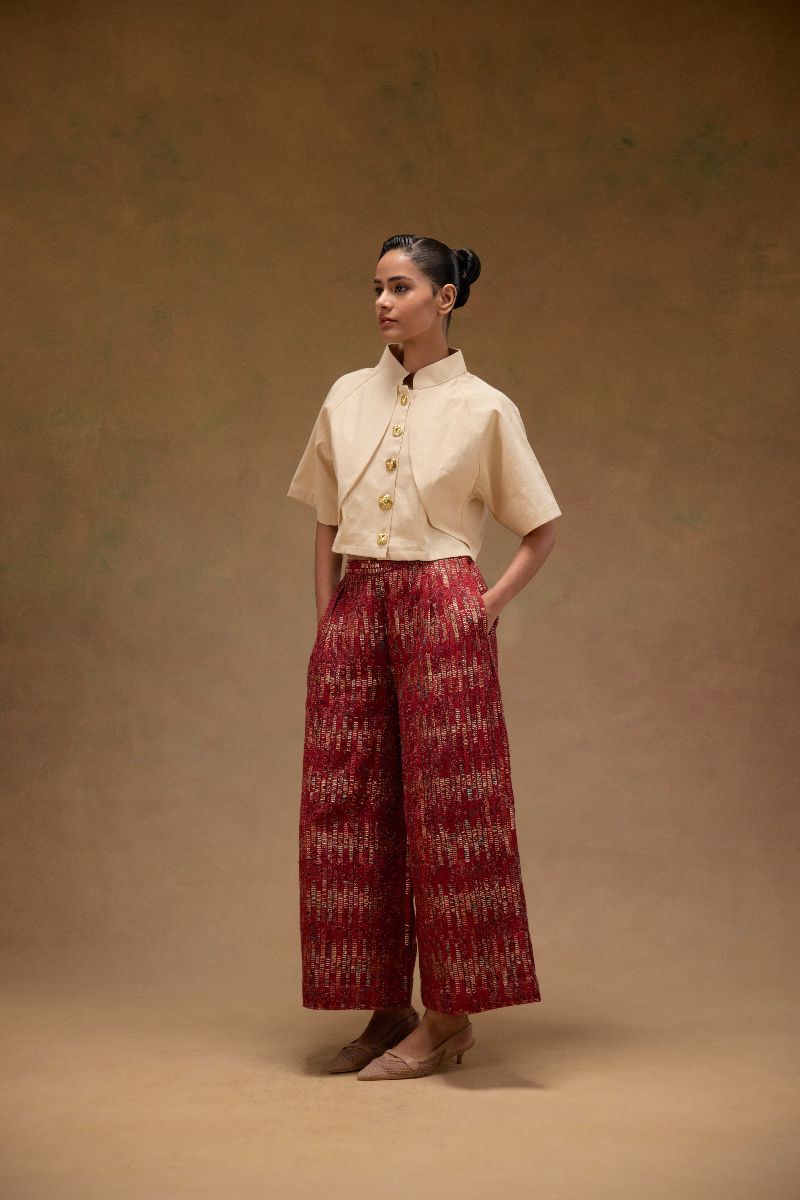 Red Ajrak Zari Woven Pants