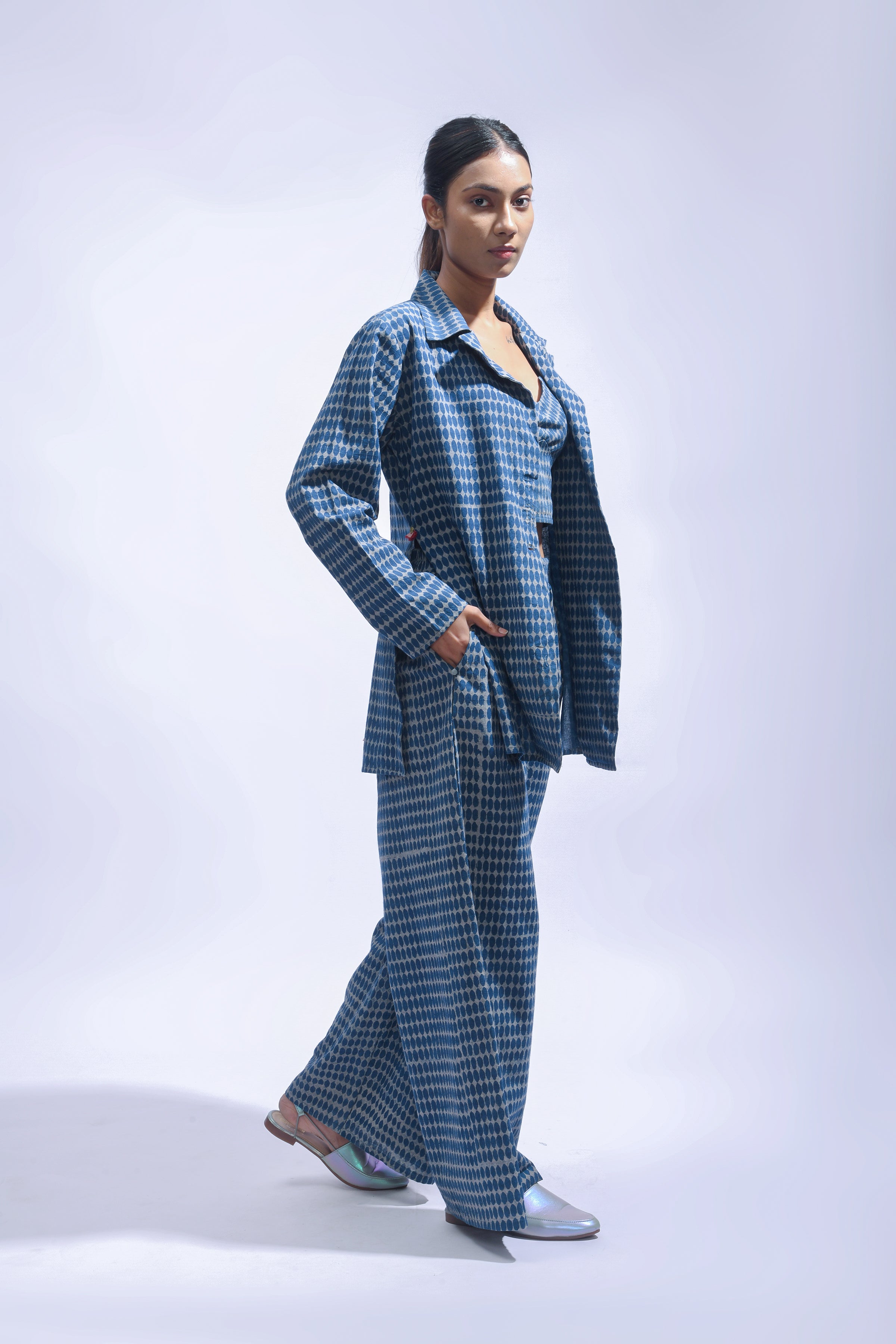 Block Printed Cotton Chambray Blazer Set