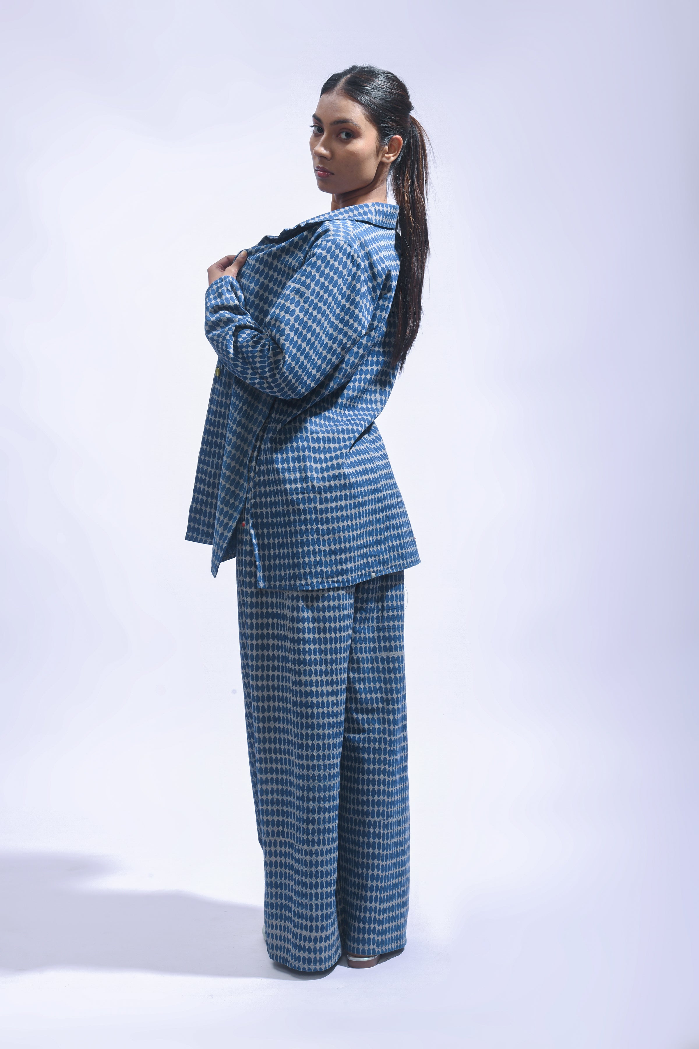 Block Printed Cotton Chambray Blazer Set