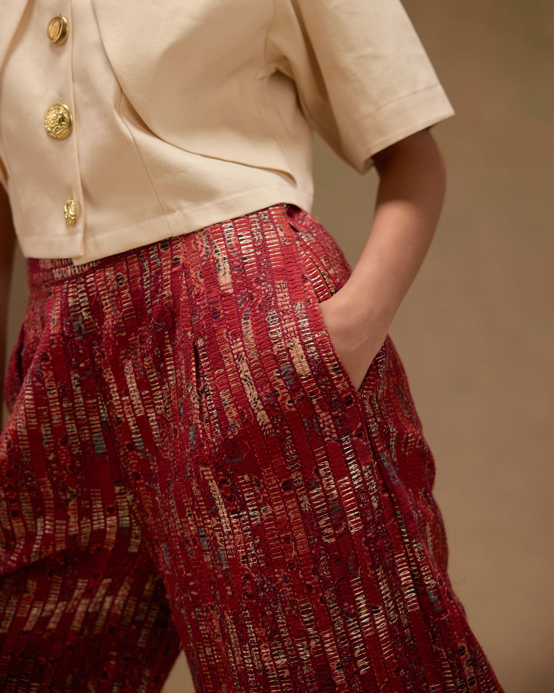 Red Ajrak Zari Woven Pants