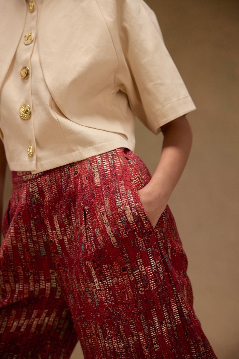 Red Ajrak Zari Woven Pants