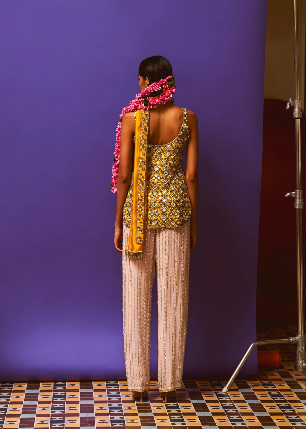 Saffron Mustard Embellished Short Kurta, Lilac sequin Straight Pant And Mustard Sash