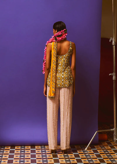 Saffron Mustard Embellished Short Kurta, Lilac sequin Straight Pant And Mustard Sash