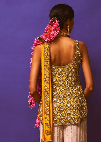 Saffron Mustard Embellished Short Kurta, Lilac sequin Straight Pant And Mustard Sash