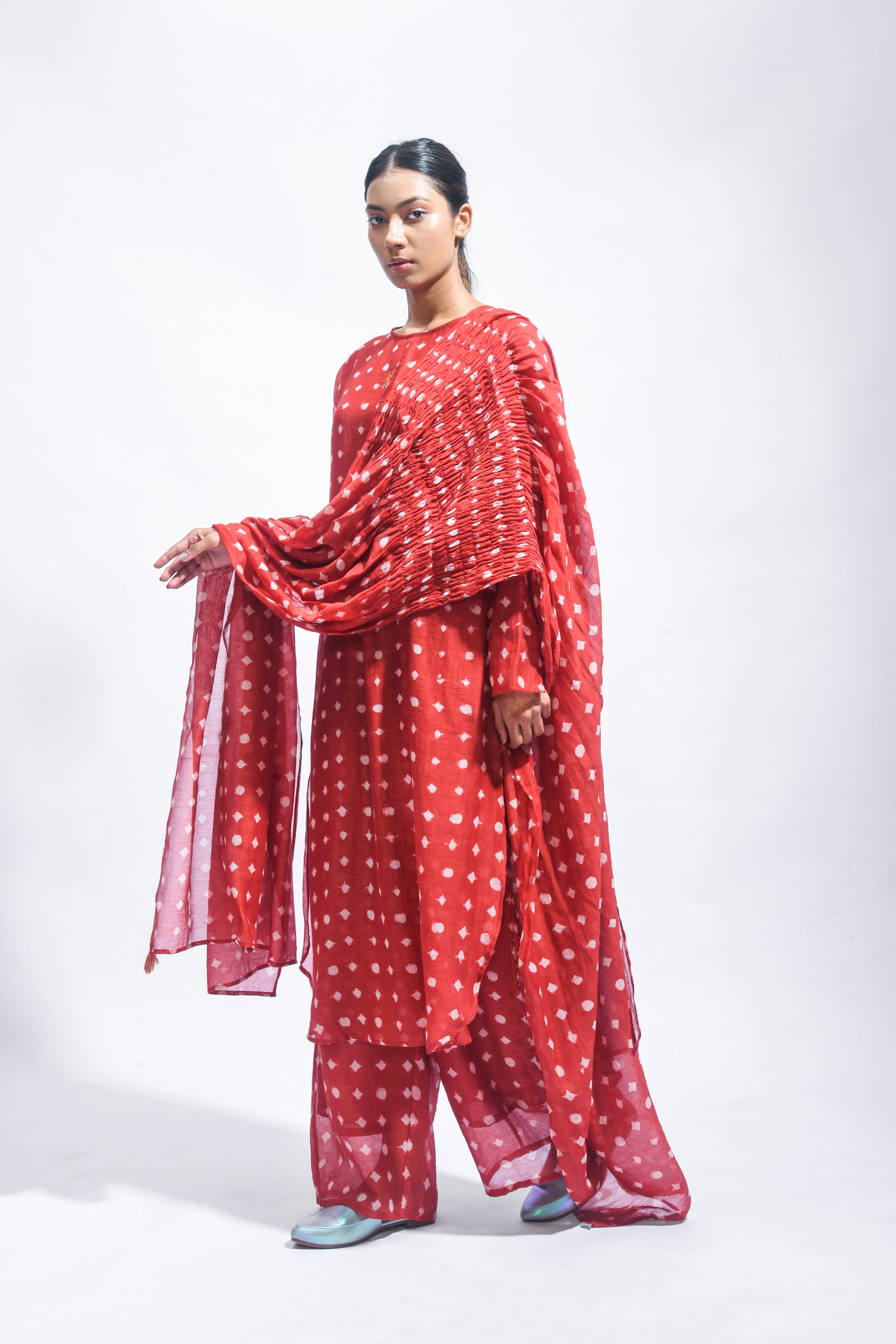 Block Printed Silk Kurta Set with Smocked Dupatta