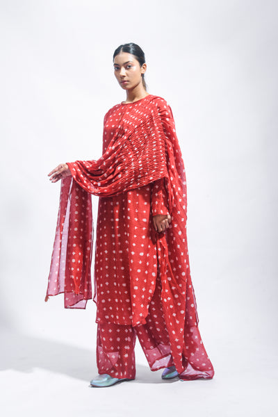 Block Printed Silk Kurta Set with Smocked Dupatta
