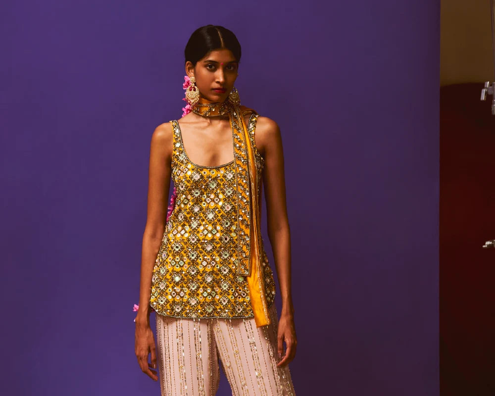 Saffron Mustard Embellished Short Kurta, Lilac sequin Straight Pant And Mustard Sash